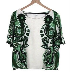 Calligraphie Linen Blend Top Women’s XL Pullover Scalloped Sleeve Green